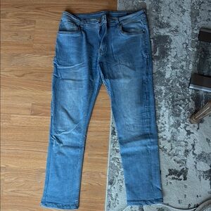 Blue Straight Leg Jeans with Medium Wash and Contrast Stitching
